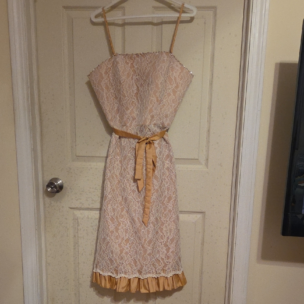 Mori Lee Lace Midi Dress with Tan Accents